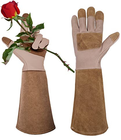 AIGEVTURE Rose Pruning Gloves Long Sleeve Thorn Proof,Rose Gardening Gloves for Men Women Long Gauntlet,Grain Cowhide Leather Brown(Small)
