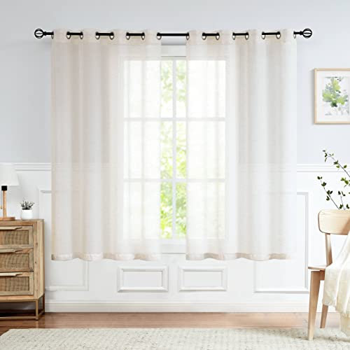 FMFUNCTEX Leinen Gardinen mit Ösen Transparente Beige Vorhang Leinenoptik Vorhänge Landhausstil für Wohnzimmer Schlafzimmer Kinderzimmer 2er Set, 145 x 135 cm (H x B)