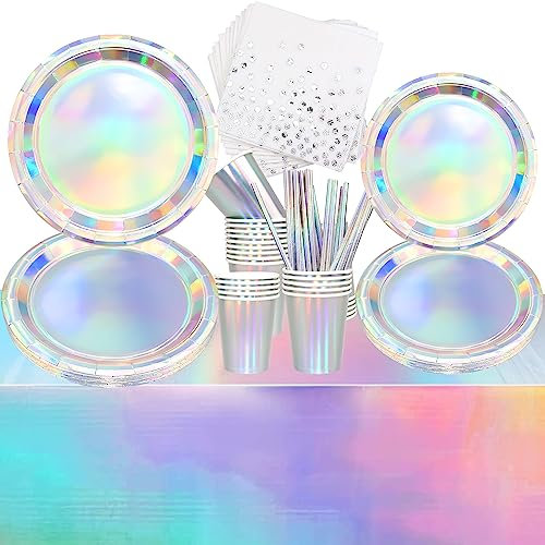 Iridescent Party Supplies -Include Plates, Straws, Napkins, Cups, for Birthday Party Wedding Holiday Decorations Service 20 Guests