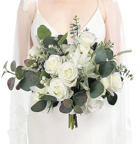 Rinlong Hochzeitssträuße für Braut Weiß Salbeigrün Brautstrauß für Hochzeit Künstliche Blumen Seidenstrauß Zeremonie