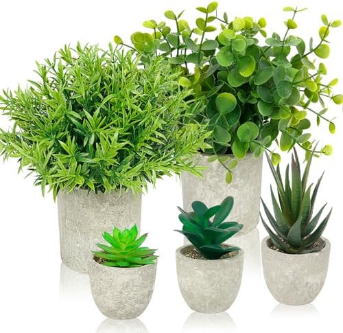 UHAPEER Set of 5 Fake Plants Indoor with Pots-Decorative Artificial Plants in Pots for Home Office Desk Bedroom-Realistic Eucalyptus,Rosemary and Succulents Mini Faux Plants-Small Plastic Plants