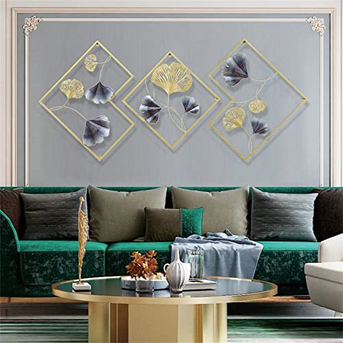Hanmorfarbi Goldene Wanddekoration, 3er-Set, Ginkgo-Wanddekoration, Metall-Wanddekoration, moderne 3D-Ginkgo-Wanddekoration aus Schmiedeeisen, ausgehöhlte Hängedekoration für Wohnzimmer, Schlafzimmer