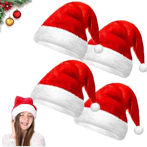 AOMAIGAD Weihnachtsmütze,4 Stück Plüsche Weihnachtsmann Mütze,Nikolausmütze Mütze,Plüsch Weihnachtsmütze,Unisex Rot Weihnachten Hüte für Erwachsene und Kinder (4pcs)