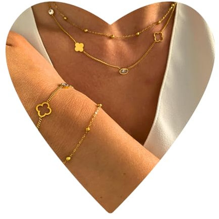 NataschaWoge® Kleeblatt doppelte minimalistischer Schmuck EDELSTAHL Gold Silber Kette Halskette Choker Geschenk für Sie Goldkette (Silber Armband)