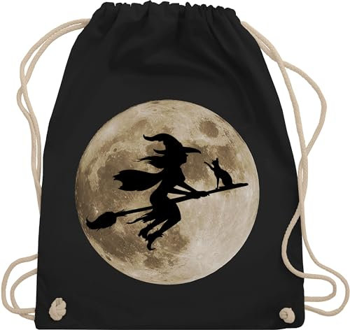 Turnbeutel Rucksack - Taschen - Hexe Halloween Hexen auf Besen Vollmond Katze Witch Mond - Unisize - Schwarz - hexentasche haloween outfits fliegende tasche halowen bild stoffbeutel helloween