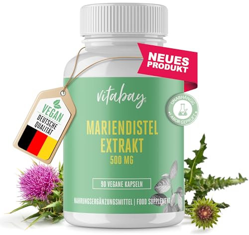 Vitabay Mariendistel Extrakt Kapseln Hochdosiert 500 mg - 90 Kapseln Vegan mit 80% Silymarin - Hochdosierte Mariendistel Kapseln - Mariendistel Hochdosiert Kapseln Mariendistel-Kapseln - Laborgeprüft