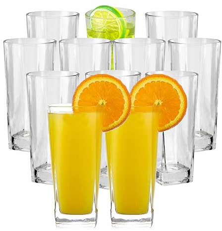 HOMESHOPA Tall High Ball Water Drinking Glasses Tumblers, 12 Pack 9oz Square Crystal Clear Hi Ball Gin Juice Cocktail Glassware Set, Half Pint Glass, Home, Restaurants & Parties, Dishwasher Safe