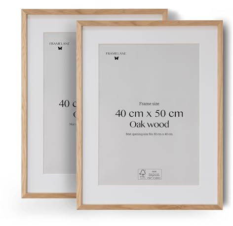 Framelane Set of 2 Bilderrahmen 40x50 Natur Holz - FSC-Zertifiziert - Bilderrahmen mit Passepartout Holz - Kratzfestes & Bruchsicheres Acrylglas - Hochwertiger Eichenrahmen zur Wandmontage