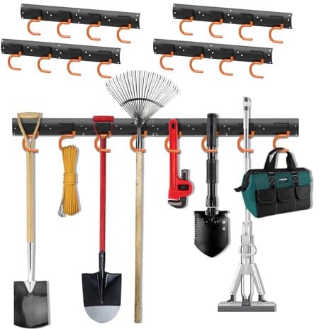 3-H Porta Attrezzi da Giardino 4x42cm, Porta Attrezzi da Parete Regolabile Acciaio Inox, Portascope Parete Impermeabile con 16 Ganci per Zappa, Rastrello, Vanga,Pala,Garage,Giardino(168cm/66.14inch)
