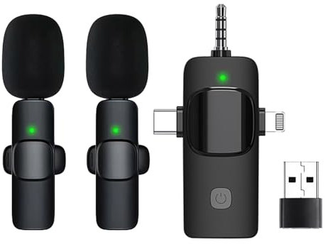 Wireless Lavalier Microphone for Phone - Mini Lapel Mic with 4 in 1 Wireless Microphones (Lightning/USB-C/3.5mm/USB) - Rechargeable Lapel Mic for Video Recording & Podcasting