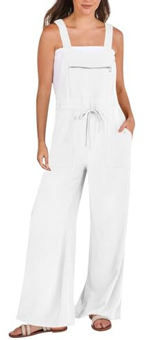 Playsuit - Salopette da lavoro da donna, in cotone, con chiusura lampo, con tasche, vestibilità larga, con lacci, pantaloni per il tempo libero, pantaloni estivi, bianco, XL