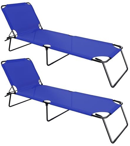 Coppia Di Lettini Pieghevoli Prendisole Senza Tettuccio Parasole Schienale Reclinabile Regolabile Struttura In Metallo Nero Sedia Sdraio Per Spiaggia Mare Giardino Piscina 187x53x24 Cm (Blu)