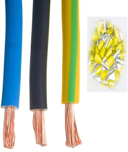 H07V-K 6mm² Set Verdrahtungsleitung 5/2/2 Meter - Schwarz Blau - Grün Gelb - PVC Einzelader Litze Aderleitung Litze mit Aderendhülsen