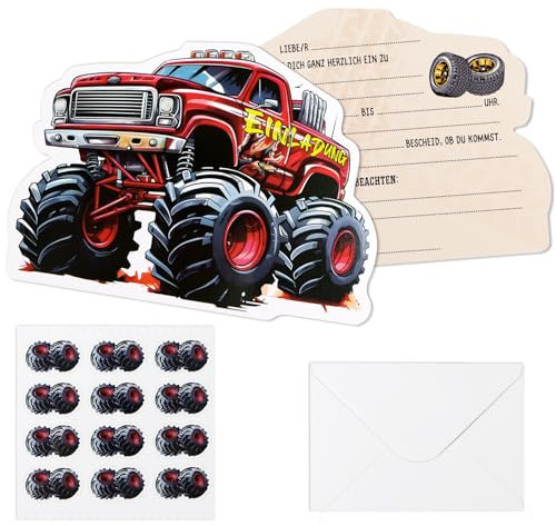 BETESSIN 12x Einladungskarten Kindergeburtstag Junge - Monstertruck Einladungskarten mit Umschlägen - Monster Truck Einladungen zum Geburtstag, Kinderparty, Rennspiele Mottoparty usw.