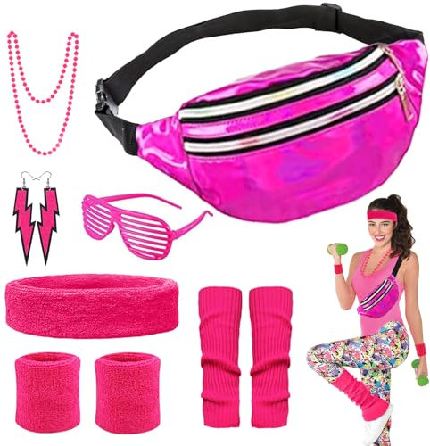 YADODO Deguisement Annee 80 Femme Accessoire Fluo Sac Banane Jambières Accessoire Annee 80 90 Deguisement Disco Femme Homme Enfant Déguisement Année 80 Accessoires Fête Néon Soiree Fluo (Rose)
