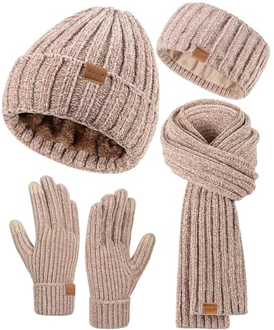 Women Beanie Scarf Gloves Headband Set for Winter, Chenille Beanie Hats Ear Warmer with Fleece Lined Knit Scarf Touchscreen Gloves, 4 in 1 Warm Xmas Gift Set Stocking Stuffers for Women-Beige