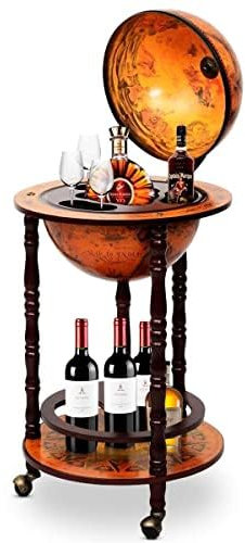 FANTASK Globus Bar Holz auf Rollen, Vintage Barwagen aus Eukalyptus 88cm Hoch, antike Weltkugel Globusbar, Braun Barschrank mit nautischen Karten für Wein, Mittlere/große Weinflaschen, Gläser