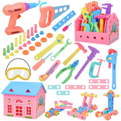 ANYCESO Kleinkind Mädchen Spielzeug STEM Spielzeug für Kinder Spielzeug, Kinder Werkzeug Set mit Spielbohrer und Werkzeugkasten, Haus, Schutzbrille für 3 4 5 6 7 Jahre alte Kleinkinder Kit (Pink)