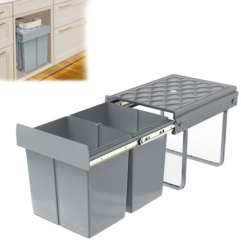 YRHome Einbau Mülltrennungs-System Abfallsortierer 2 Herausnehmbare Abfallsammler Tandemusziehbarer mit Teleskopschienen für Küche Grau 48x34x35cm 2x15L