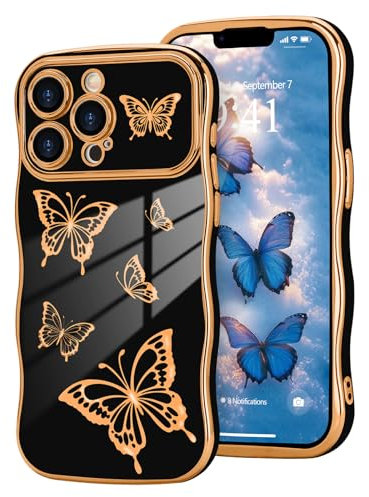 Urarssa for iPhone 13 Pro Max Case, Womens Girls Cute Butterfly Pattern Curly Wave Frame Case, Shockproof Raised Lens Protection Soft Silicone TPU Bumper Luxury Plating Glossy Phone Cover, Black