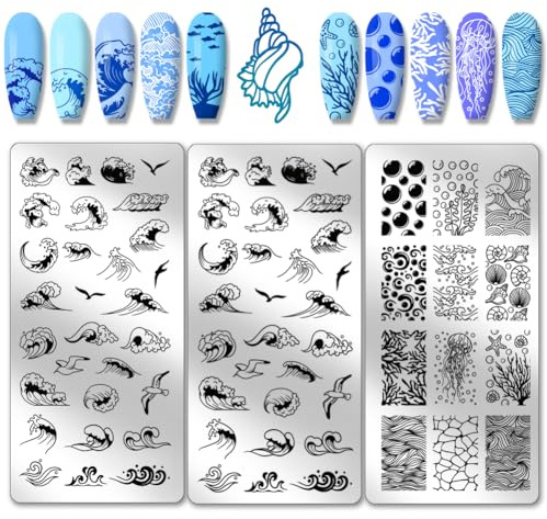 PH PandaHall 3pcs Waves Nail Art Schablonen, 62 Muster Blasen Ozean Meer Wellen Textur Nagel Stamping Platte Edelstahl-Nagelbildschablonen für Nageldesign Druck Maniküre Salon