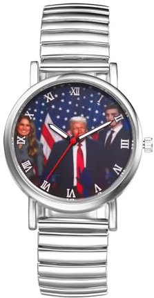 JewelryWe Herrenuhr Trump Elastische Uhren: Trumps Siegesrede Trump-Familie Analog Quarz Armbanduhr Herren Damen Silber Edelstahl Stretch Armband Ultradünne Uhr mit Zugarmband & Römischen Zahlen