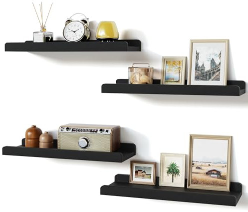 Love-KANKEI Wandregal Holz Schwarz Regal Wand, Bilderleiste 4er Set Schweberegal Regale für Wände 40cm, Wandregal Küche Wandboard Wall Shelf für Schlafzimmer Wohnzimmer Badezimmer