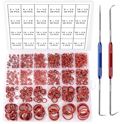 YIXISI 610 Stücke 24 Größen Sortiment an Rot O-Ringen, Metrische Dichtungsringe O-Ringe aus Silikon, mit Doppelkopf Pick und Haken, für Sanitär-Unterlegscheiben und Auto-Schnellreparatur