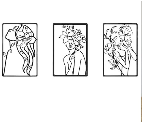 YENTAKE 3 Stück Metall Wandkunst 33x28cm Schwarz, Minimalistische Linien Moderne Kunst Frauen, Wasserfest Wandschmuck, Moderne Wandskulpturen zum Aufhängen Dekoration Akzente für Badezimmer Metall