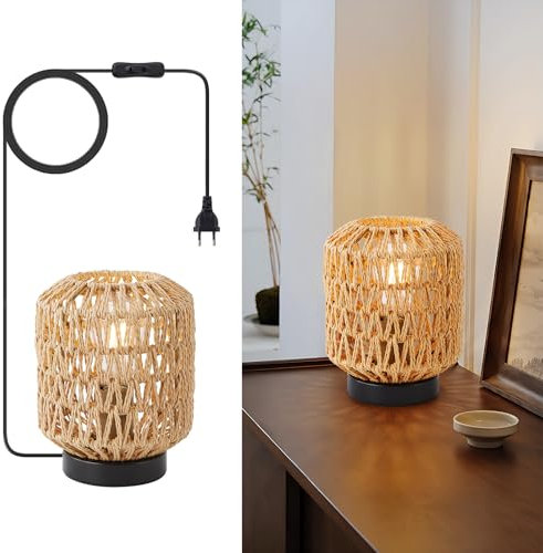 WILON Tisch Lampe, Rattan Lampenschirm Kleine, Tischlampe mit Stecker, E27 Schreibtischlampe Retro, Handgewebte Lampenschirme, Nachtlicht Lampe für Schalfzimmer Kinderzimmer, Esszimmer, Hochzeit