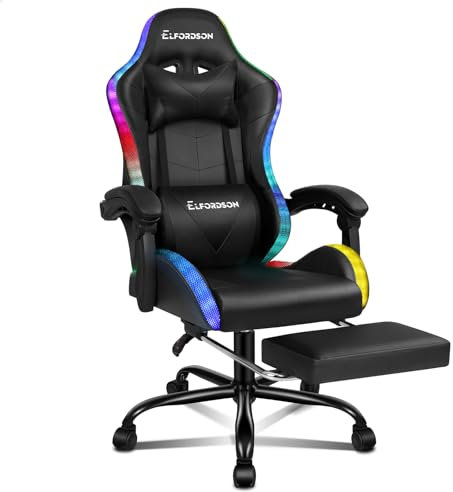 ELFORDSON LED Gaming Chair with 8-Point Massage, Ergonomic Computer Office Chairs with Headrest, Lumbar Cushion, Footrest, RGB Light, High Back 150° Reclining, 360° Swivel, PU Leather, Black