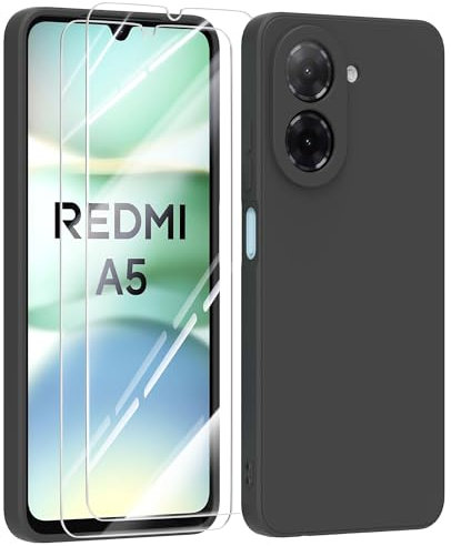 MIKULLE Hülle für Xiaomi Redmi A5 4G HandyHülle + 2 Stück Schutzfolie,Dünn Weiche Liquid Silikon TPU Stoßfeste Schutzhülle mit Microfiber Case - Schwarz