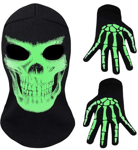 Charfia Maske Halloween, Fluoreszierendes Masken Vollmaske mit Handschuhe, Horror Skelettschädelgeist Face Maske Geistermaske für Halloween Karneval Cosplay Fasching