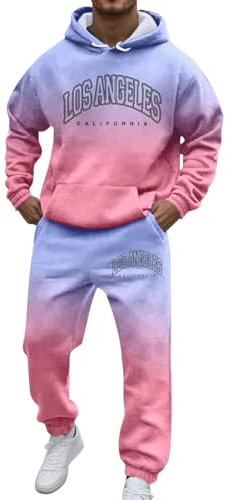Tuta da jogging da uomo, set Activewear con cappuccio e pantaloni, tuta sportiva in due pezzi, Y2k Tracksuit da uomo, tuta fitness Los Angeles con lettere stampate, tuta hip hop, Viola chiaro, L