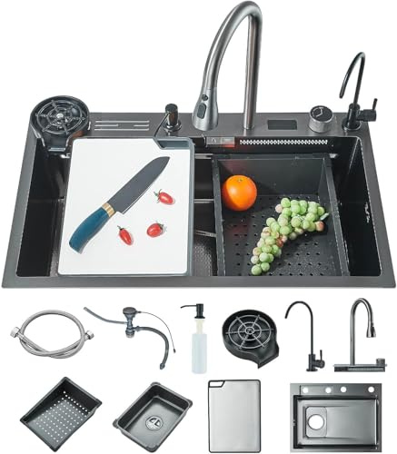 JUNSOTTOR Évier de cuisine Évier à cascade numérique évier en acier inoxydable avec Robinet à tirer gris et planche à découper évier de cuisine multifonction Accessoires d'évier complets (75x46cm)