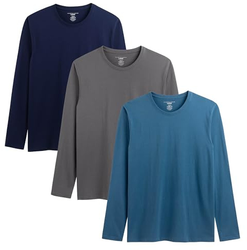 Mens Long Sleeve T-Shirts 3 Pack Multicoloured Breathable Shirts for Gents Comfortable Soft Hand Feel Long Tee Crew Neck 100% Cotton Top Size S-XXL (UK, Alpha, L, Regular, Regular, Navy/Blue/Grey)