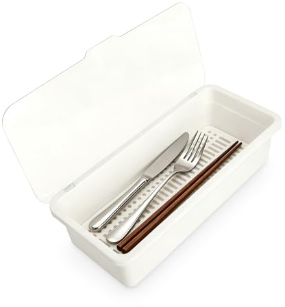 TLDBATICE 1 Pieza Organizador Cubiertos con Tapa, Caja para Cubiertos Compacta De PP con Bandeja Escurridora Extraíble, Porta Cubiertos para Cocina Residencia Estudiantil Picnic Exterior