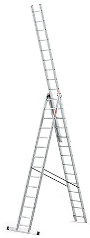 BAULICH - Mehrzweckleiter - Aluleiter - 3in1 Anlegeleiter, Stehleiter, Trittleiter - 14 Sprossen - DREI-Segmentig, Professionell, für Haus-, Renovierungs- und Bauarbeiten, mit Stabilisator, Silber