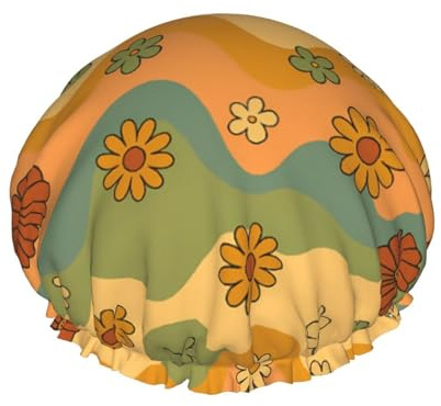 Groovy Cute Vintage Flower Reusable Shower Cap For Women Bonnet Washable Elastic Hat