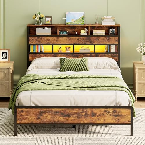 IRONCK Double Bed Frame with Storage Headboard, 3-Tier Shelves, 135x190 cm | Ambient LED Lights, Charging Station ( 2 UK Sockets + USB-A & USB-C Ports), Underbed Space, Home, 4ft6 Metal Bed Bedroom