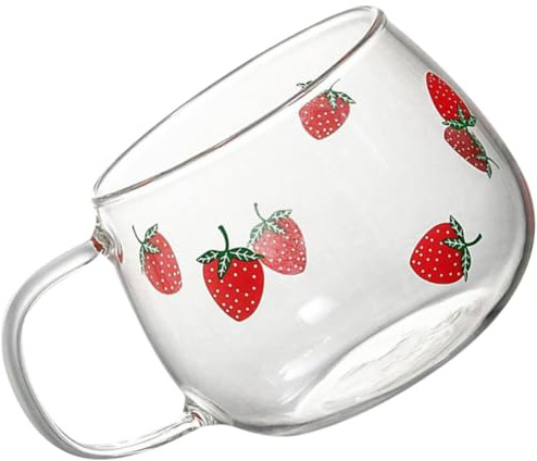 SHINEOFI Tasse en Verre à Motif Fraise pour Café et Thé, Grosse Capacité Bords Lisses sans Bavure, pour Café ou Bureau, Style Délicat et Mignon
