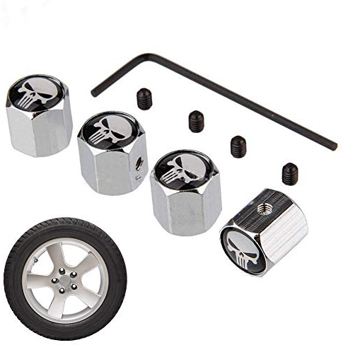 EQLEF Ventilkappen Schwarz 8Pcs Anti-Diebstahl-Schädel-Reifen Reifen-Rad-Auto-Caps Ventile Dust Cover Stem, Universelle Passform, Silber, Kupfer, PKW
