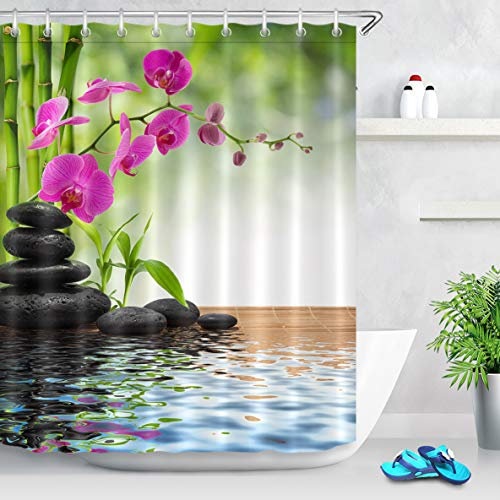 LB Rideau de Douche Anti Moisissure Zen Spa Vert Bambou Rideau de Bain Pierres Noir Fleur Orchidée Mauve Étanche Polyester Tissu Rideaux de Salle de Bain avec 10pcs Crochets,150x180cm