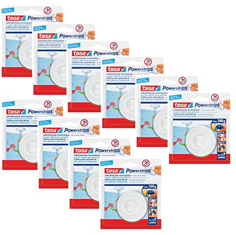tesa Powerstrips Deckenhaken/Drehbarer Haken aus hochwertigem Kunststoff zum Kleben/Bis 0,5kg / Rüchkstandslos entfernbar (10x 1 Haken)