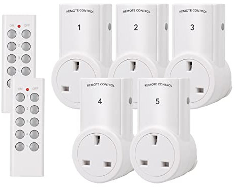 HBN Remote Control Plug Socket,13A/3120W Wireless Light Switch 30M/100ft Operating Range for Household Appliances,5 Pack Sockets and 2 Remotes