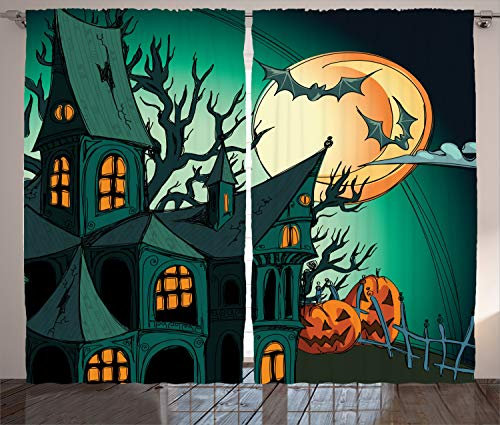 ABAKUHAUS Teal Rustikaler Vorhang, Halloween Spukschloss, Wohnzimmer Universalband Gardinen mit Schlaufen und Haken, 280 x 225 cm, Orange Teal