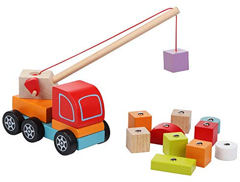 CUBIKA 13982 - Holzspielzeug Kranwagen mit magnetischen Figuren, buntes Motorikspielzeug, Kinderspielzeug ab 18 Monaten