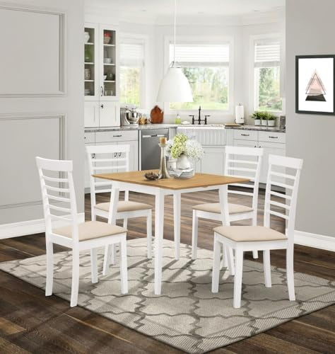 Hallowood Furniture Ledbury Dining Table and Chairs Set 4, White and Oak Finish Small Drop Leaf Table and 4 Chairs in Warm Cream Fabric Seat, Space-Saving Wooden Dining Set for Home or Café