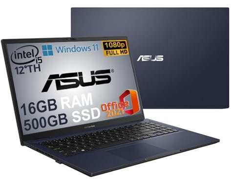 ASUS Notebook, pc portatile, Cpu Intel i5 di 12Th 10 Core, Ram 16 Gb, SSD M.2 Nvme da 512 Gb, 15,6 FHD, wi-fi, 4 Usb, Bt, Intel Iris xE, Windows 11 Pro, Pacchetto Office 2021, pronto All'uso