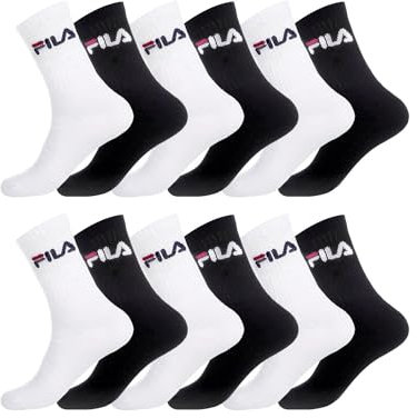 FILA Calzini Uomo Sportivo Vestibilità Perfetta Set di 12 Calze Uomo Lunghe, Tennis, Comodo, Nero, Bianchi, Taglie 43/46